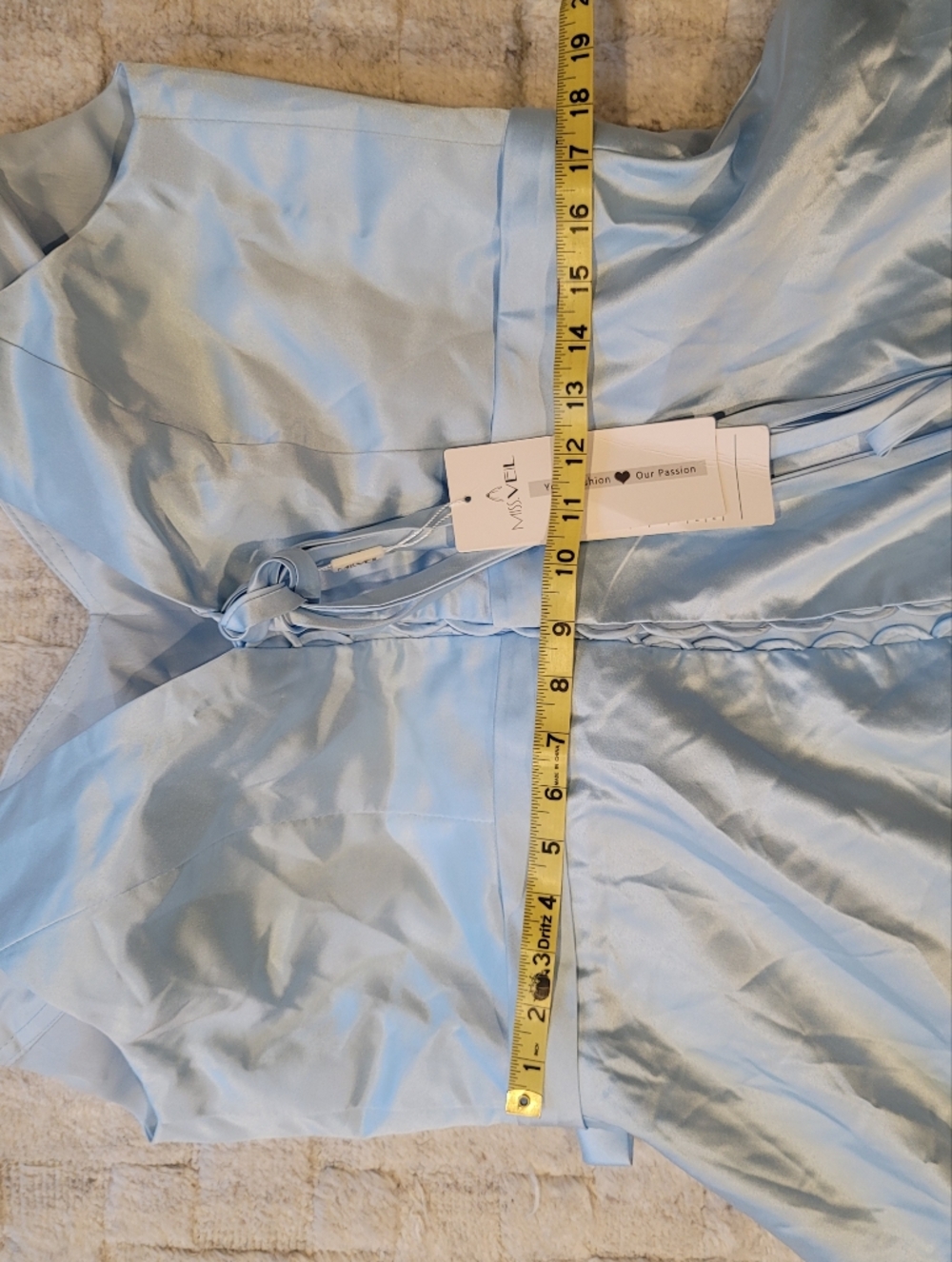 NWT MISS VEIL V Neck Satin Light Blue Gown Corseted Waist Tie Size 16 - Picture 9 of 12